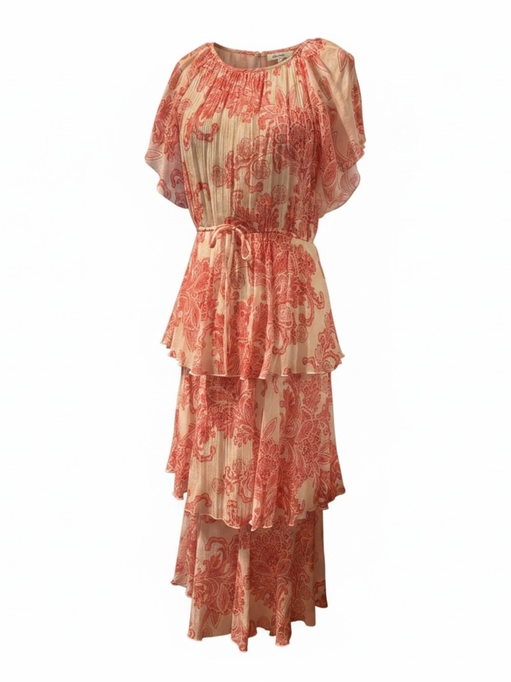 Stella & Julie Floral Ivory Coral Pink Tiered Ruffle Flutter Sleeve Midi Dress 8